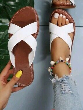West Loop Elegant White Slide Sandals For Women, Minimalist Cross Strap NEW